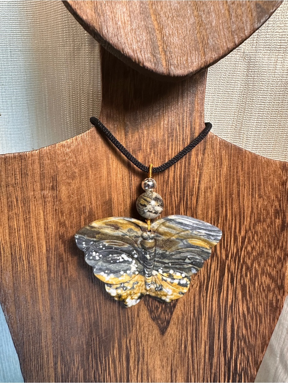 Handcrafted Ocean Jasper Butterfly Pendant Necklace-Green & Gold on Black Rope